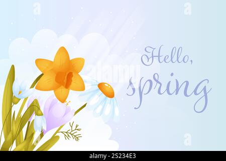 Hallo, Frühling. Poster, Banner horizontal blau mit Blumen. Vektorabbildung Stock Vektor