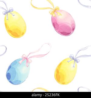 Happy easter Aquarell nahtloses Muster von ostereiern mit Bögen und Bändern. Festliche handgezeichnete Illustration auf weißem Hintergrund. Niedliches Ornament für Stockfoto