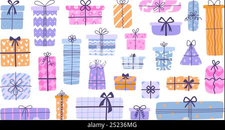 Geschenkboxen handgezeichnet. Vereinzelte Geschenke, Einkaufsboxen mit Schleifen und Bändern. Pakete, Geburtstagsfeier Neujahr weihnachten Muttertag neoterisch Stock Vektor
