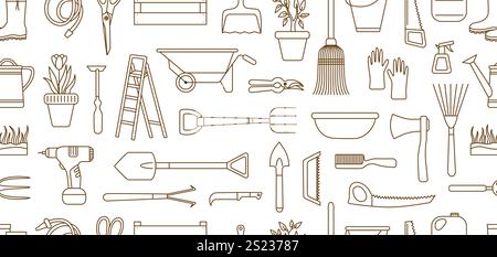 Gartenwerkzeuge mit Doodle-Muster. Landwirtschaft Pflanzung Gartenbau, Agrarelemente. Dekorative Pflanzen in Töpfen und Geräten. Textil-Print, neoterisch Stock Vektor