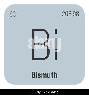 Bismut, Bi, Periodenelement mit Name, Symbol, Atomzahl und Gewicht. Schwermetalle mit verschiedenen industriellen Verwendungszwecken, z. B. in Kosmetika, Legierungen und als Ersatz für Blei in bestimmten Anwendungen. Stock Vektor