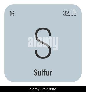 Schwefel, S, periodisches Tabellenelement mit Name, Symbol, Atomzahl und Gewicht. Nichtmetall mit verschiedenen industriellen Verwendungszwecken, z. B. in Düngemitteln, bestimmten Medikamenten und als Bestandteil bestimmter Arten von Sprengstoffen. Stock Vektor