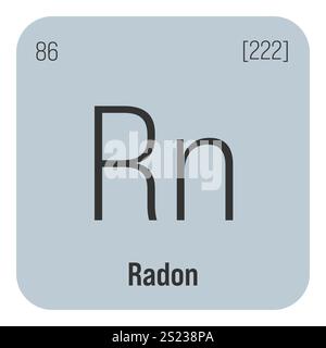 Radon, RN, Periodenelement mit Name, Symbol, Atomzahl und Gewicht. Inertgas mit radioaktiven Eigenschaften, das in der wissenschaftlichen Forschung und als Tracer bei bestimmten Versuchsarten verwendet wird. Stock Vektor