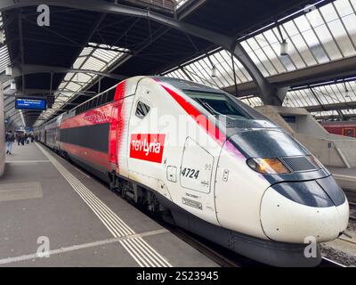 Zürich, Schweiz, Europa, TGV Lyria, Hochgeschwindigkeitszug, internationale Verbindung, Bahnreisen, Klimaschutz, nachhaltige Mobilität, Infrastruktur, Grenzverkehr, moderne Architektur, Bahnstreik, Fahrgastrechte, COâ-Reduktion, Ticketpreise, Zugausfälle, Winterreisen, Europa-Reisen, Energiekrise, Verkehrswende, Paris, Basel, Pendlerverkehr, Bahnkomfort, Tourismus, Mobilitätswende, symbolisch für internationale Zusammenarbeit und umweltfreundliche Transportlösungen. *** Zürich, Schweiz, Europa, TGV Lyria, Hochgeschwindigkeitszug, internationale Verbindung, Schienenverkehr, Klimaschutz, Nachhaltigkeit Stockfoto