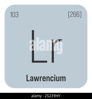 Lawrencium, LR, periodisches Tabellenelement mit Name, Symbol, Atomzahl und Gewicht. Synthetisches radioaktives Element mit Einsatzmöglichkeiten in der wissenschaftlichen Forschung und der Kernenergie. Stock Vektor