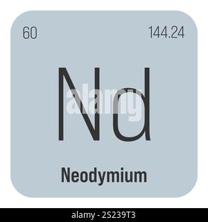 Neodym, ND, Periodenelement mit Name, Symbol, Atomzahl und Gewicht. Seltenerdmetall mit verschiedenen industriellen Verwendungen, wie z. B. in Magneten, Lasern und als Komponente in bestimmten Glasarten. Stock Vektor