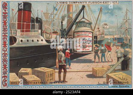 Serie Export von Liebig Fleischextrakt nach Afrika, die Beladung, Liebigbild, digital restaurierte Reproduktion 1900 eines Sammelbildes von CA, gemeinfrei, genaues Datum unbekannt, Hafen mit Schiff und Arbeitern Ladekisten, Serie Export von Liebig Fleischextrakt nach Afrika, die Verladung, Liebigbild, digital restaurierte Reproduktion eines Sammelbildes von CA 1900, gemeinfrei, genaues Datum unbekannt, Hafen mit Schiff und Arbeitern, die Kisten verladen Stockfoto