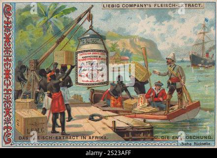 Serie Export von Liebig Fleischextrakt nach Afrika, Entladung der Ware vor Ort, Liebig-Bild, digital restaurierte Reproduktion eines Sammelbildes von ca. 1900, gemeinfreies Datum unbekannt, Arbeiter entladen Kisten in einer exotischen Umgebung, Serie Export von Liebig Fleischextrakt nach Afrika, die Löschung der Ware vor Ort, Liebigbild, digital restaurierte Reproduktion eines Sammelbildes von ca. 1900, gemeinfrei, genaues Datum unbekannt, Arbeiter entladen Kisten in einer exotischen Umgebung Stockfoto