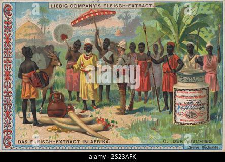 Serie Export von Liebig Fleischextrakt nach Afrika, der Abschied der weißen Händler aus dem Stamm der Eingeborenen, Liebig Bild, digital restaurierte Reproduktion eines Sammlerbildes aus der Zeit um 1900, gemeinfreie, exaktes Datum unbekannt, Abschiedsszene mit Eingeborenen in traditioneller Kleidung, Serie Export von Liebig Fleischextrakt nach Afrika, der Abschied der weißen Händler vom Stamm der Eingeborenen, Liebigbild, digitale Reproduktion eines Sammelbildes von ca 1900, einheimische frei, einheimische Kleidung Stockfoto