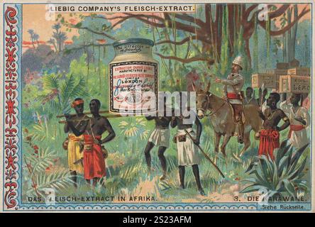 Serie Export von Liebig Fleischextrakt nach Afrika, Vertrieb im Land mit einer Karawane, Liebigbild, digital restaurierte Reproduktion 1900 eines Sammelbildes von CA, gemeinfrei, genaues Datum unbekannt, indigene Gruppe mit Produkten in einer exotischen Landschaft, Serie Export von Liebig Fleischextrakt nach Afrika, Verteilen im Land mit einer Karawane, Liebigbild, digital restaurierte Produkte Reproduktion eines Sammelbildes von CA 1900, gemeinfrei, genaues unbekannt, indigene Gruppe mit exotischen Landschaft Stockfoto