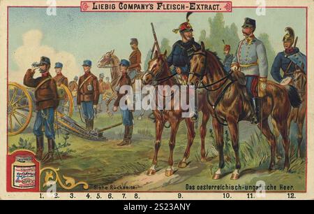 Bilderserie die österreichisch-ungarische Armee, Liebigbild, digital restaurierte Reproduktion eines Sammelbildes von ca. 1900, gemeinfreie, genaues Datum unbekannt, österreichisch-ungarische Kavallerie mit elegant uniformierten Husaren und Pferden in Aktion, Bilderserie das österreichisch-ungarische Heer, digital restaurierte Reproduktion eines Sammelbildes von ca. 1900, gemeinfrei, genaues Datum unbekannt, Österreichisch-ungarische Kavallerie mit eleganten uniformierten Husaren und Pferden Einsatz Stockfoto