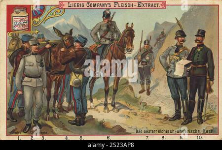 Bilderserie die österreichisch-ungarische Armee, Liebigbild, digital restaurierte Nachbildung eines Sammlerbildes von ca. 1900, gemeinfreie, genaues Datum unbekannt, Soldaten der österreichisch-ungarischen Armee posieren in Uniformen vor einer Bergkulisse, Bilderserie das österreichisch-ungarische Heer, digital restaurierte Reproduktion eines Sammelbildes von ca. 1900, gemeinfrei, genaues Datum unbekannt, Soldaten der österreichisch-ungarischen Armee posieren in Uniformen vor einer Bergkulisse Stockfoto