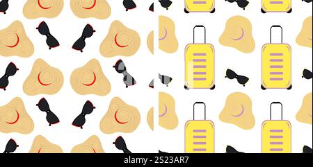 Mütze mit breiter Krempe, Sonnenbrille und nahtlosem Muster im Reisekoffer 2. Set. Hintergrund des Welttourismus-Tages. Isolierte Vektor-Illustration Thematische Karten, Poster, Banner oder Web-Promo-Broschüren, Preisschilder Stock Vektor