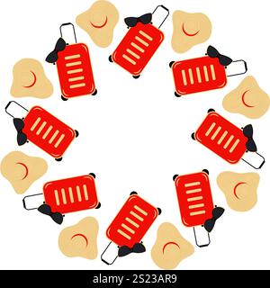 Mütze mit breiter Krempe, Sonnenbrille und Reisekoffer mit Umrandung. Summertime - Vorlage für Kopierbereich. Isolierte Vektor-Illustration Touristische Karten, Poster, Banner oder Web-Promo-Broschüren, Preisschilder Stock Vektor