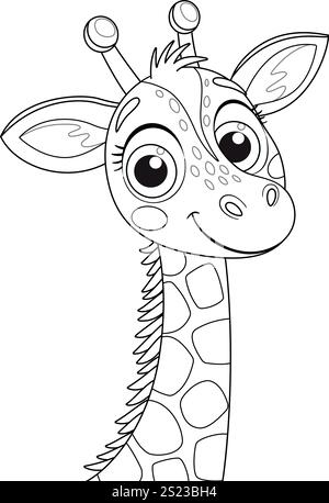 Niedliche Giraffe, lustiger Tierkritzelstil. Handgezeichnete Tiermalseite. Schwarzweiß-Malbuch mit Haustier-Charakter, Kunsttherapie, lustiges Giraffen-Porträt. Vektorabbildung Stock Vektor