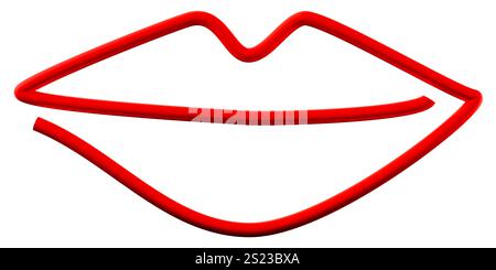 Minimalistisches rotes Band, das Lippenkontur bildet, isoliert auf weißem Hintergrund. Perfekt für Beauty, Mode, Projekte mit Liebesmotiven und Logos Stockfoto