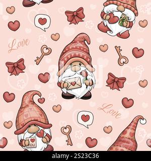 Nahtloses Valentinstag-Muster mit niedlichen Karikaturzwergen. Feiertags-Vektor-Illustration auf einem rosa Hintergrund mit Zwergmännern, Herzen, Schlüsseln, Wortliebe und Bogen. Stock Vektor