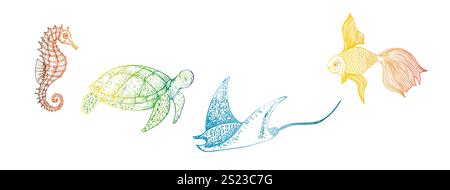 Vektorseepferdchen, grüne Meeresschildkröte. Handgemalter Stachelrochen. Grafische tropische Clipart isoliert auf Hintergrund. Unterwasser-Illustration. Für Konstrukteure Stock Vektor