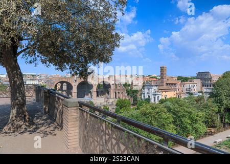 Blick auf das Forum Romanum vom Palatin in Rom, Italien. Stockfoto