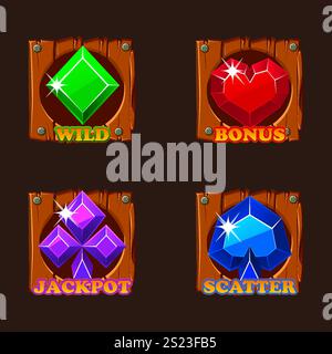 Vektor-Illustration der vier Poker Spielkarten Anzüge Symbole Edelsteine-Pik, Herzen, Diamanten und Clubs Icons isoliert auf hölzernem Hintergrund Stock Vektor