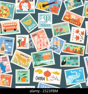 Briefmarkenmuster. Schöne Landschaft Illustration auf POS Stempel neuer Vektor nahtloser Hintergrund Stock Vektor