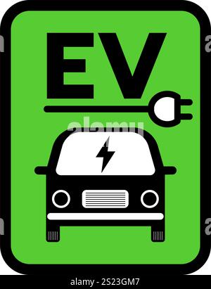 EV-Ladestation Elektroauto mit Steckersymbol, Parkmöglichkeit für Elektrofahrzeuge und Schild für Ladestation. Vektorabbildung Stock Vektor