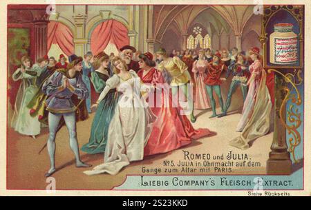 Bildserie Romeo und Julia, 5, Julia ohnmächtig auf dem Weg zum Altar mit Paris, Liebigbild, digital restaurierte Reproduktion eines Sammelbildes aus der Zeit um 1900, gemeinfreie, exaktes Datum unbekannt, Tanzszene mit feierlicher Atmosphäre vor einem Altar in einer Renaissance-Umgebung, Bildserie Romeo und Julia in Ohnmacht auf dem Gang zum Altar mit Paris, Liebigbild, digital restaurierte Reproduktion eines Sammelbildes von CA 1900, gemeinfrei, genaues Datum unbekannt Tanzszene mit feierlicher Atmosphäre vor einem Altar in einem Renaissance-Setting Stockfoto