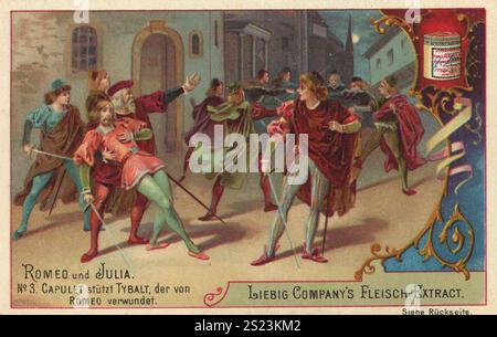 Bildserie Romeo und Julia, 3, Capulet unterstützt Tybalt, der von Romeo verletzt wird, Liebigbild, digital restaurierte Reproduktion eines Sammelbildes von ca. 1900, gemeinfreie, exaktes Datum unbekannt, dramatische Straßenschlacht mit mehreren Männern in historischer Kleidung, Bildserie Romeo und Julia, Capulet stützt Tybalt, der von Romeo verwundet wird, digital restaurierte mit Reproduktion eines Sammelbildes von ca 1900, genaues Datum unbekannt, Edramatische Straßenschlacht, Edramatische Kleidung Stockfoto