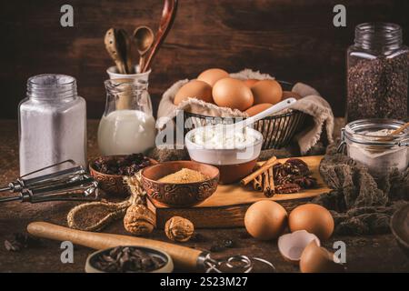 Verschiedene Backzutaten auf Vintage-Holztisch in braunem Ton Stockfoto