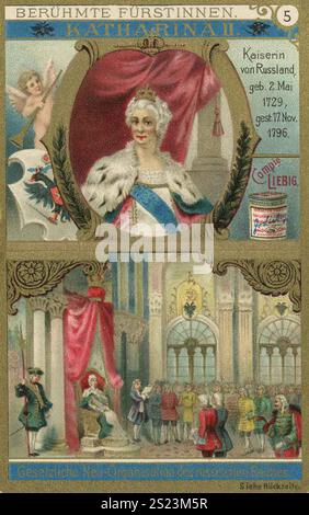 Bildserie berühmte Prinzessinnen, Katharina II., Kaiserin von Russland, Liebigbild, digital restaurierte Reproduktion eines Sammlerbildes aus der Zeit um 1900, öffentlich, exaktes Datum unbekannt, Katharina die große von Russland in einem prächtigen Thronsaal, umgeben von Adel und prachtvollen Details, Bildserie Berühmte Fürstinnen, Katharina II., Kaiserin von Russland, digital restaurierte Reproduktion eines Sammelbildes von ca. 1900, gemeinfrei, genaues Datum unbekannt, Katharina die Grounbekannt, Katharina von Russland Details Stockfoto
