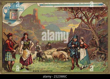 Bilderserie Mountain Peoples, Scotland Highlands, Liebigbild, digital restaurierte Reproduktion eines Sammelbildes von ca. 1900, gemeinfreie, genaues Datum unbekannt, Gruppe von Menschen in schottischen Trachten mit Schafen vor einer hügeligen Landschaft, Bildserie Gebirgsvölker, Schottland Highlands, digital restaurierte Reproduktion eines Sammelbildes von CA 1900, gemeinfrei, genaues Datum unbekannt, Gruppe von Menschen in schottischen Trachten mit Schafen vor einer hügeligen Landschaft Stockfoto