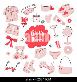 Rosafarbenes Set für Mädchen. Niedliche Dinge in Herzen aus dem Zimmer eines Mädchens. Pinkfarbener Schlafanzug, Schlafmaske, Tasse, Kerze, Schleife, teddybär. Stock Vektor