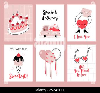 Satz mit vier Valentinskarten. Bento-Kuchen, Eis, trendige Ballons, Herzcharakter, herzförmige Gläser. Stock Vektor
