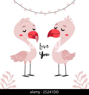 Zwei rosa Flamingos verliebt. Ich liebe dich. Valentinstag. Blassrosa Farben. Stock Vektor