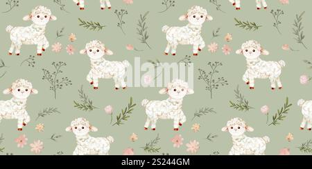 Nahtloses Aquarellmuster eines süßen Lammes, umgeben von zarten Blumen. Das Lamm ist mit flauschigem weißem Fell, rosa Wangen und süßen Augen dargestellt Stockfoto