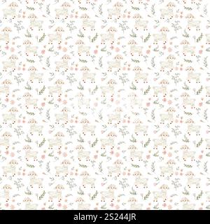 Nahtloses Aquarellmuster eines süßen Lammes, umgeben von zarten Blumen. Das Lamm ist mit flauschigem weißem Fell, rosa Wangen und süßen Augen dargestellt Stockfoto