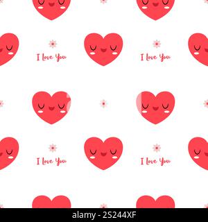 Muster in rosa, einfachen Blumen, Herzen und der Inschrift I love you auf weißem Hintergrund. Valentinstag. Stock Vektor