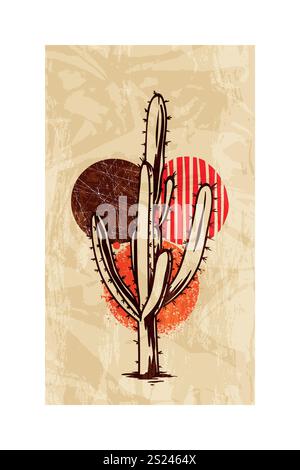 Künstlerisches Saguaro-Kaktusdesign mit kräftigen Farben und Retro-Textur. Der strukturierte Hintergrund macht ihn für kreative und dekorative Projekte geeignet. Stock Vektor