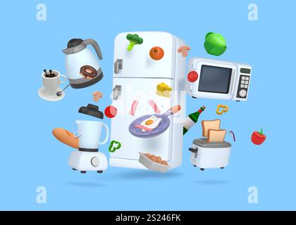3D-Küchengerät. Elektrischer Kühlschrank mit Lebensmitteln. Homogenisator oder Mixer. Haushaltskühlschrank. Spiegelei-Pfanne. Fliegendes Gemüse. Kaffeetasse. Stock Vektor