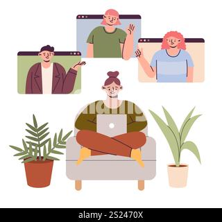 Online-Meeting. Freischaffender Charakter zu Hause, Frau sitzt auf Sofa mit Laptop, Personengruppe auf Monitor. Geschäftskonferenz oder Chat kommunizieren Stock Vektor