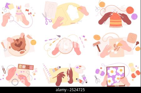 Kreatives Kunsthandwerk. Kunstwerkstatt, verschiedene Hände Sticken, Stricken, Nähen, Malen. Kinder handgefertigtes Studio, Hobby für Erwachsene, rasant Stock Vektor