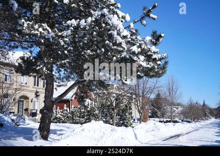 Vorstadtwohnstraße an einem sonnigen Morgen nach einem großen Schneesturm Stockfoto