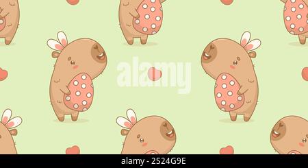 Nahtloses Ostermuster. Lustige süße Capybara in Hasenohren mit paschal-Ei auf grünem Hintergrund mit Herz. Weihnachtscartoon Kawaii Tierfigur. H Stock Vektor