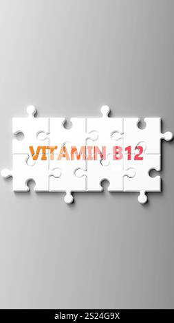 Vitamin B12 als komplexes Thema, bezogen auf wichtige Themen, die sich als Wortwolke verbreiten. Stockfoto