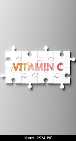 Vitamin C als komplexes Thema, bezogen auf wichtige Themen, die sich als Wortwolke verbreiten. Stockfoto