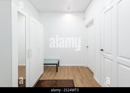 Helle und schlichte Innenausstattung mit weißen Wänden, Holzfußboden und einem Kleiderschrank. Der Flur ist leer und die Tür ist geschlossen Stockfoto