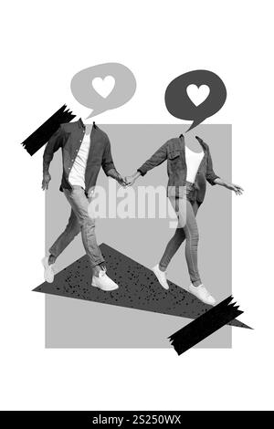 Vertikales Collagenbild von zwei schwarz-weißen Gamma-Menschen halten die Arme wie eine dialogherzblase, statt Kopf unterstützt die ukraine beim Chatten Stockfoto