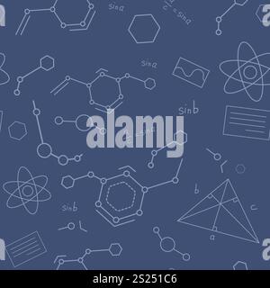 Nahtloses wissenschaftliches Muster. Schule Lernen Bildung Wallpaper Hintergrund, Kinder studieren Design Biologie Mathematik Chemie Labor Molekularatom Umriss Vektor Illustration Original Kunstwerk Stock Vektor