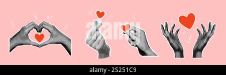 Halbtonhandherz. Realistische Hände Liebe Gesten Vintage Collagen valentinstag Romantik Hochzeit, Liebe wie versprechen koreanische Herzen Geste romantische Sprache Vektor Illustration Original Kunstwerk Stock Vektor