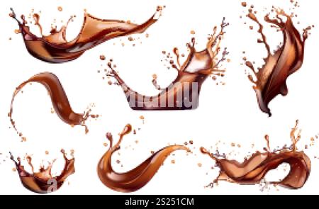 Realistische Kaffeespritzer. Braunes Wasser flüssiges Spritzen, Kakaoflüssigkeit verschüttete Schokolade oder Whiskey Cola Soda Gießen Spritzer heiße Getränke Spritzen, 3D Set isoliert exakte Vektor Illustration Original Kunstwerk Stock Vektor